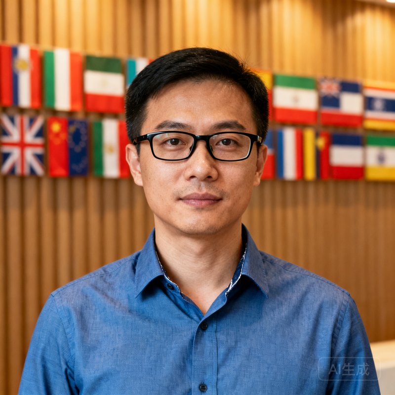银河贵宾汇国际事务总监张瑞安先生肖像照，三十多岁男性，佩戴眼镜，身着蓝色商务衬衫，背景为多国国旗排列的墙面